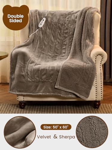Bearhug Electric Throw Blanket 50" x 60", Reversible Velvet & Sherpa Heated Throw, 6 Heating Levels & 4H Auto Off, Over-Heat Protect, ETL Certification, Machine Washable - Thumbnail 3