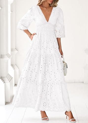 Lazysmile Long Sleeve Dresses for Women V Neck Hollow Out Eyelet Ruffle Swing A-Line Fall Vacation Boho Maxi Dress White - Thumbnail 6