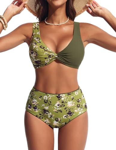 Hanna Nikole Bikinis Full Coverage Sexy Swimsuits for Women Colorblock Swimsuit Women Twist Front Bikini Top Green S - Thumbnail 3
