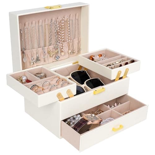 Dajasan Jewelry Box for Women, 3 Layers Large Jewelry Organizer Box, Jewelry Storage Case for Earring, Ring, Necklace, Bracelets (Cloud White + Gold)