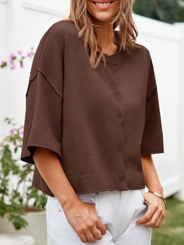 Cicy Bell Womens Half Sleeve Cardigan Sweaters Cropped Button Down Tops Oversized Lightweight Ribbed Knit Summer Outfits Coffee - Thumbnail 3
