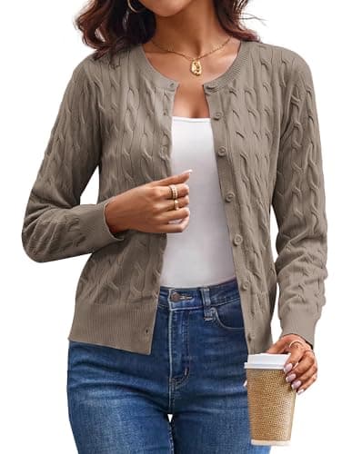 GRACE KARIN Cable Knit Cardigan Sweaters for Women Lightweight, Business Casual Outfits, Long Sleeve Sweaters Tops XXL Brownish-Gray - Image 1