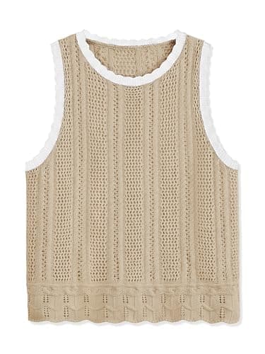 Anbech Womens Summer Crochet Knit Sleeveless Tank Tops Scoop Neck Sweater Vest Boho Hollow Out Cover Ups Resort Cruise Outfits,Apricot,L - Thumbnail 4