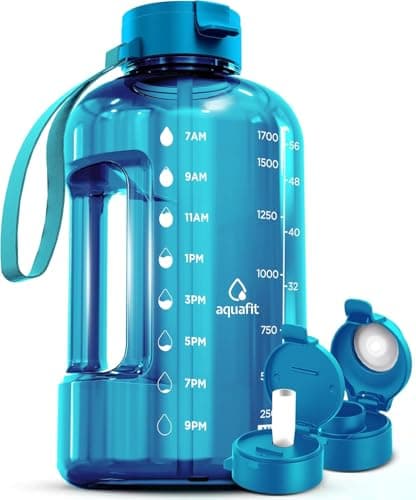 AQUAFIT 64 oz Water Bottle with Time Marker - Straw & Chug Lid - BPA Free Half Gallon Gym Water Bottle with Handle - Big Gallon Jug (Aqua, 64 Ounces) - Image 1