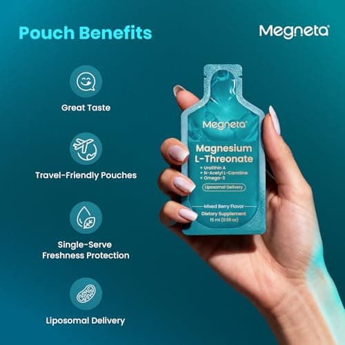 MEGNETA Magnesium L-Threonate Liquid, 2000mg Magnesium L-Threonate, Liposomal for High Absorption, with Urolithin A, N-Acetyl L-Carnitine & Omega-3, Brain, Memory, Focus & Sleep Support, 30 Pouches - Thumbnail 6
