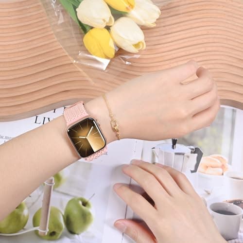 OMECKY Magnetic Braided Loop Band Compatible with Apple Watch Series 11 10 42mm 9 8 7 6 5 4 40mm 41mm for Women Men, Stretchy Nylon Elastic Sport Strap for iWatch SE 1/2/3, Sand Pink-Star Buckle - Thumbnail 6