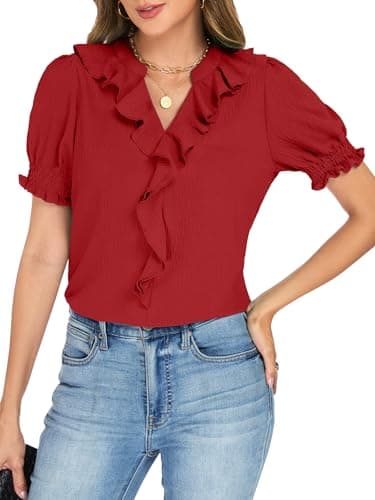 Funlingo Blouses for Women Dressy Casual Short Puff Sleeve Business Work Tops Summer V Neck Ruffle Shirts Office Clothes Smocked Cuffs Red L - Thumbnail 4