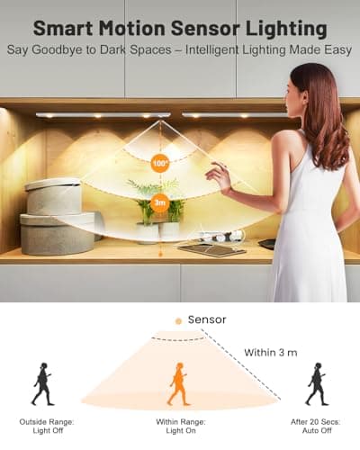 Pak Under Cabinet Lights, Rechargeable Motion Sensor Light Indoor, Wireless and 3-Color Dimmable with Cat’s Eye Hill Effect, for Display Cabinets, Showcases, Wine Racks, 2 Pack, Silver - Thumbnail 2