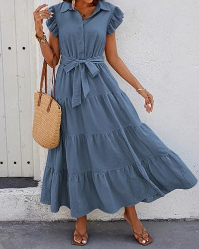 dowerme Women's Summer Casual Dresses 2026 Cap Ruffle Sleeve V Neck Button Belted Tiered Boho Maxi Dress with Pockets(Grey Blue,Medium) - Thumbnail 3