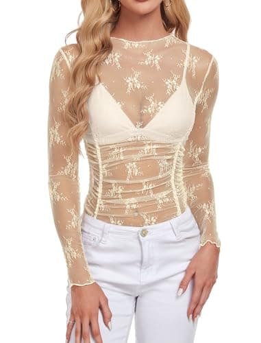 ZAFUL Cream Lace Long Sleeve Top Mock Neck Sheer See Through Shirts Ruched Floral Slim Fit Blouse Sexy Club Outfits Apricot L - Image 1