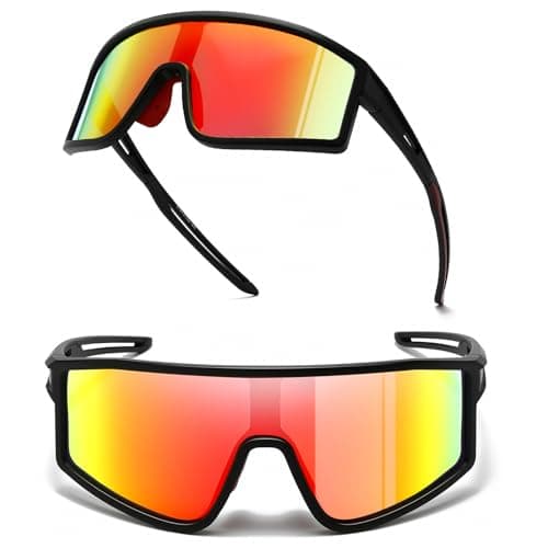 SUANGIT Polarized Cycling Sunglasses for Men Women Red Sports Running Bike Shades UV Protection Goggles (Matte Black Frame/Red Mirror Lens) - Image 1