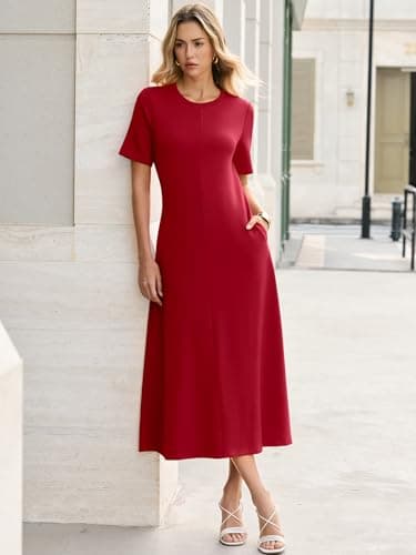 ANRABESS Womens Summer Maxi Dresses Casual Short Sleeve Elegant Classy Vintage 2026 Spring Flowy Cocktail Dress 80s Outfit Red Medium - Thumbnail 5