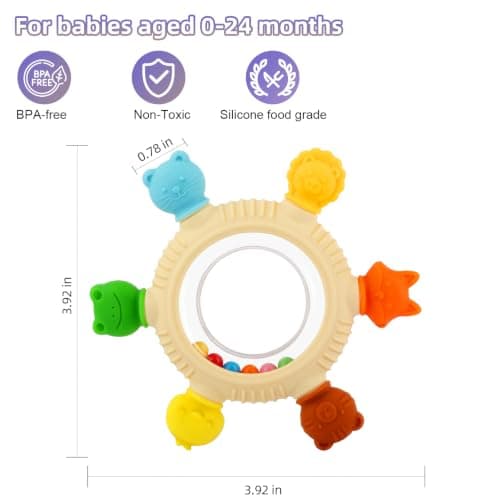 Baby Teething Rings Toys for 0-6 6-12 Months Animal Rattle Teether Sensory Toys for Babies 0-24Months Silicone Teether Relief Chew Soothing Sore Gums for Newborn Infant Essentials BPA Free (Animal) - Thumbnail 2