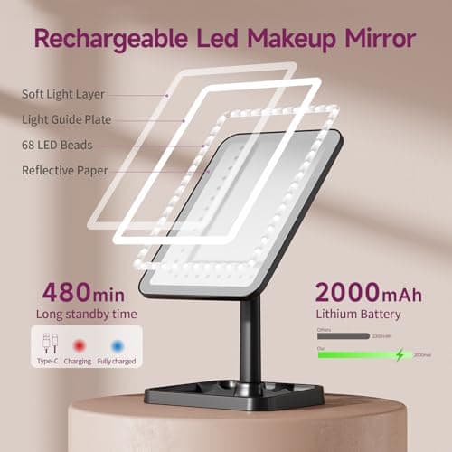 FUNTOUCH Vanity Mirror with Lights, Rechargeable 10X Magnification 3 Color Lighting Portable Tabletop Cosmetic Make Up Mirror, 360° Rotation Led Light up Mirrors with Storage,White - Thumbnail 3