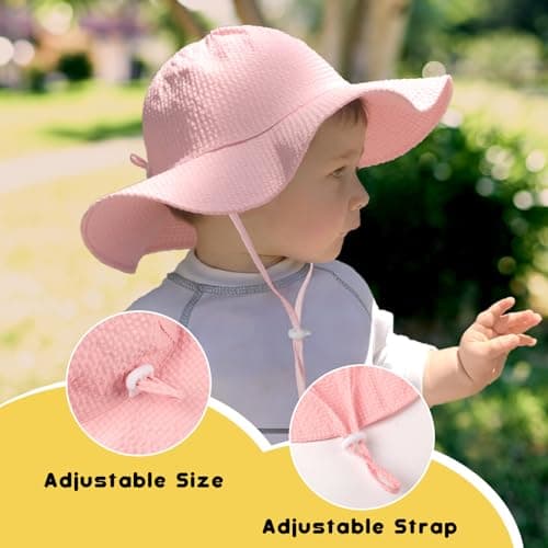 Baby Sun Hat Toddler Girl Beach Hat Adjustable Outdoor Summer Hat UPF 50+ Sun Protection Wide Brim Infant Kids (US, Age, 6 Months, 24 Months, Pink/White) - Thumbnail 3