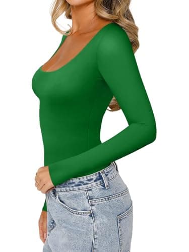 REORIA Womens Basic Sexy Scoop Neck Long Sleeve Leotards Fashion Fall Outfits Double Lined Layering Slim Soft Bodysuits Tops Starry Blue Small - Thumbnail 3