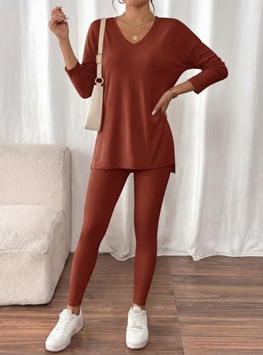 BTFBM Two Piece Sets for Women 2026 Casual Lounge Set Matching Oversized Shirts Leggings Workout Airport Travel Outfits(Brown, XX-Large) - Thumbnail 2