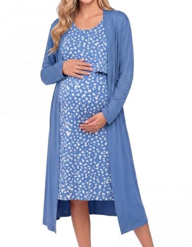 Ekouaer Maternity Nursing Gown and Robe Set Labor Delivery Hosptial Nursing Dress Pregnancy Clothes Blue Daisy XXL - Image 1