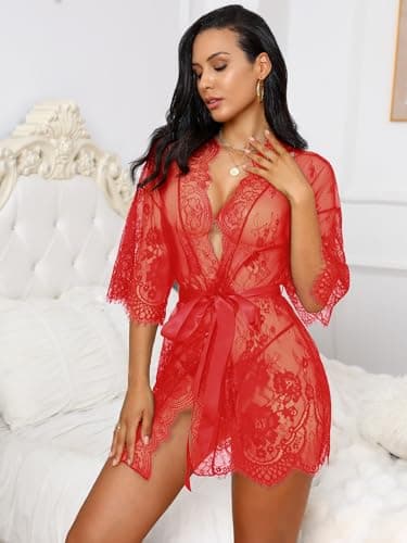 Rigeri Sexy Lingerie for Women Lace Kimono Robe Chemise Nightgown Red XL - Thumbnail 2