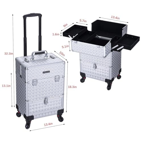 Rolling Makeup Case,Professional Cosmetology Case on Wheels,Large Cosmetic Organizer Train Case,Makeup Travel Case with Draws & Swivel wheels Nail Tech Salon Storage Traveling Cart Trunk,Silver - Thumbnail 2