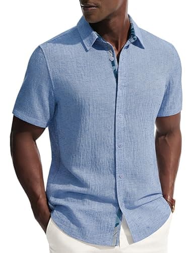 PJ PAUL JONES Men's Short Sleeve Button Down Shirt Casual Linen Summer Beach Wedding Dress Shirt Sky Blue - Image 1