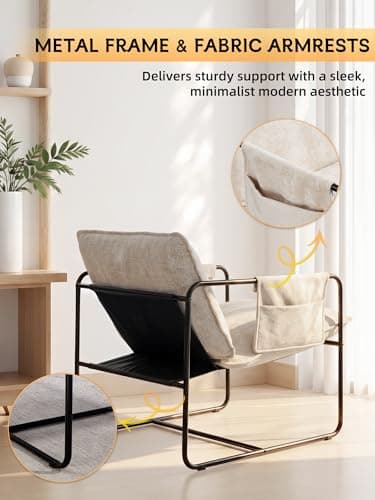 AnjiEacen Modern Accent Chair Comfortable Living Room Chairs with Armrests, Lounge Chair with Metal Frame Chenille Upholstered Bedroom Reading Chair - Thumbnail 6