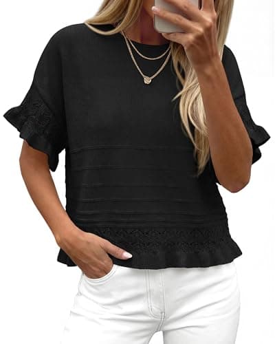 KIRUNDO Short Sleeve Sweater for Women 2026 Spring Summer Tops Crochet Round Neck Ruffled Hem Knit Pullover Casual Blouse(Black, Small) - Thumbnail 6