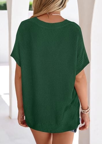 PRETTYGARDEN Women's 2026 Spring Short Sleeve Sweaters Lightweight V Neck Casual Going Out Summer Tops Beach Vacation Clothes (Green,Medium) - Thumbnail 4