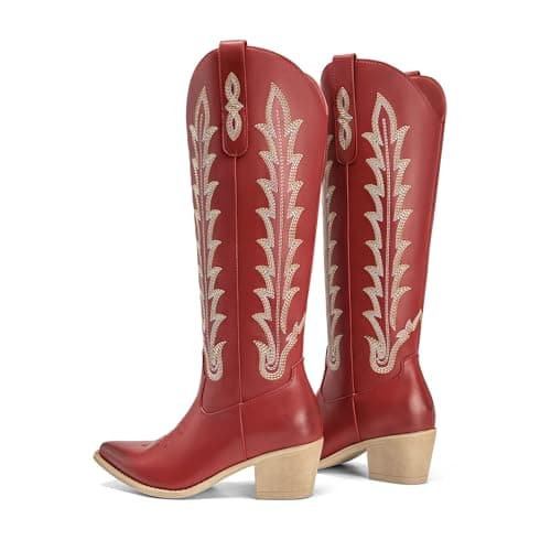 Athlefit Red Cowgirl Boots Women Cowboy Western Knee High Comfortable Slip On Low Chunky Heel Square Toe Retro Embroidered Party Concert Tall Boots Red Size 5.5 - Thumbnail 4