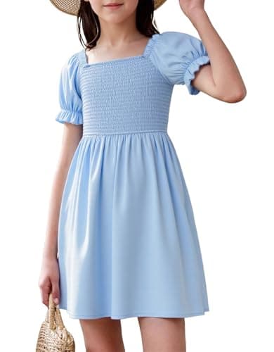 JiAmy Girls Dresses Puff Short Sleeve Summer Smocked High Low Swing Midi A Line Party Dress Light Blue 11-12 Years - Image 1