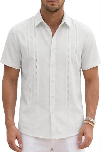 KYKU Men's Cuban Guayabera Shirt Short Sleeve Button Down Casual Summer Beach Wedding Shirts Resort Wear White 2XL - Image 1