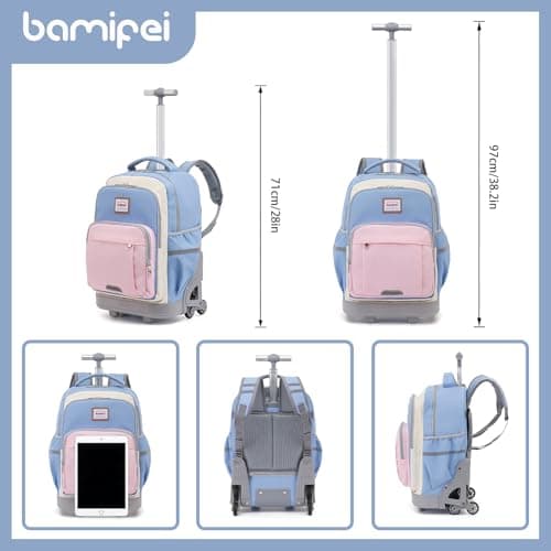BAMIFEI 18 Inch Blue Pink Rolling Backpack for Girls, Climb Stairs Kids Rolling Backpack Carry On Wheeled School Backpack, Spacious Multiple Compartments Quiet Wheels Travel Backpack for Kids - Thumbnail 3