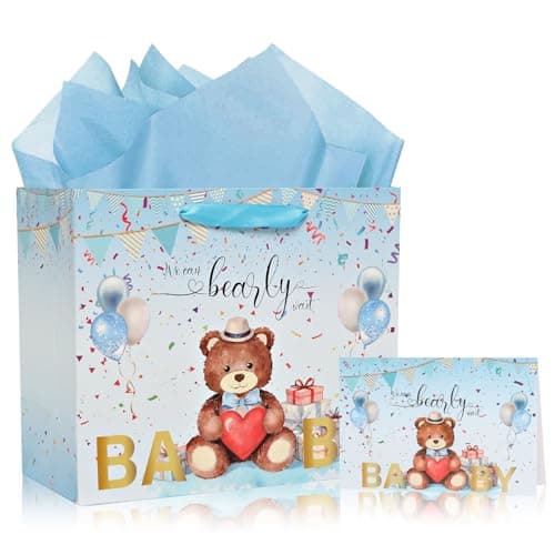 Baby Shower Blue Gift Bag – 12 Inch Babyshower Boy Bear Gift Bag for Women Men New Parents Newborn Party Includes Tissue Wrapping Paper Foldable Greeting Card – Perfect for Gender Reveal Party Supplies Decorations - Image 1