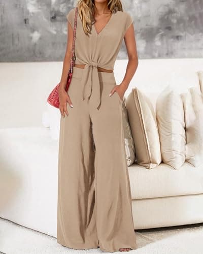 PRETTYGARDEN Vacation Outfits For Women 2025 Crop Tops Flowy Pant Sets 2 Piece Dressy Jumpsuits Summer Beach Wear(Solid Khaki,Medium) - Thumbnail 3