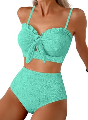 Herseas Women's Seashell Textured Bikini Sets Tie Front Swimsuits Stretchy Adjustable Straps Padded Push Up Bathing Suits Beach Turquoise Vacation Essentials 2026 Small