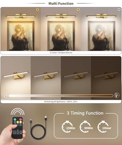 JOOSENLUX Battery Operated Picture Lights Wireless Wall Light Rechargeable Art Gallery Light for Paintings Dimmable and Timed Off Display Lights 15.75" Brass - Thumbnail 2