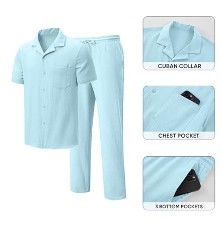 JMIERR Men 2 Piece Outfit Short Sleeve Button Down Shirt Casual Beach Pant Sets Resort Wear with Pocket, 2XL, Blue - Thumbnail 5