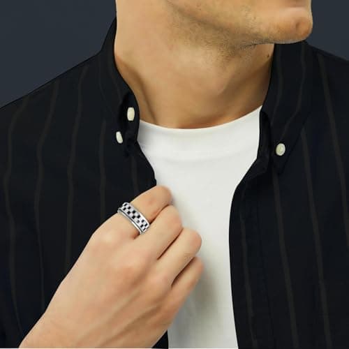 Checkerboard Fidget Ring for Men - 8mm Black and White Checkered Anxiety Spinner Jewelry for Adults, Stainless Steel Roating Ring for Stress Relief, Modern Jewelry Gift for Men Women (Silver, 8) - Thumbnail 2