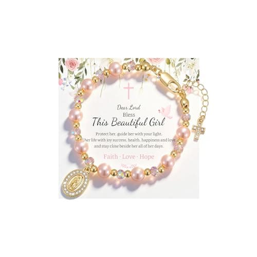 Catholic Crucifix Rosary Bracelet Gifts for Women-14K Gold Plated Simulated Pink Pearl Rosary Beads Virgin Mary Jesus Cross Charm Link Chain, Virgen de Guadalupe Religious Gift for Confirmation Baptism - Image 1