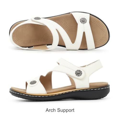 Goldnut Flat White Sandals For Women Dressy, Ankle Strap Arch Support White Walking Comfortable Flats Open Toe Orthopedic Sandalias US Size 8.5 - Thumbnail 5