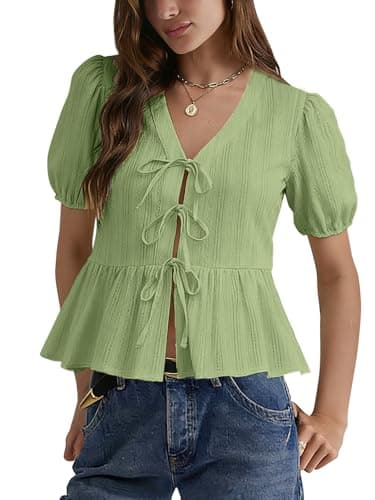 Aotasely Women’s Puff Sleeve Peplum Babydoll Tops Tie Front Cotton T Shirts Summer Casual Loose Fit Flowy Bow Blouse Green - Image 1
