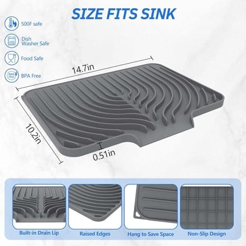 Silicone Sponge Holder for Kitchen Sink With Drain Spout, Self Draining, Kitchen Soap Tray, Bathroom Organizer, Sink Caddy, Perfect for Dispenser, Scrubber, Bottle, Cup on Counter (Gray, 15×10) - Thumbnail 2