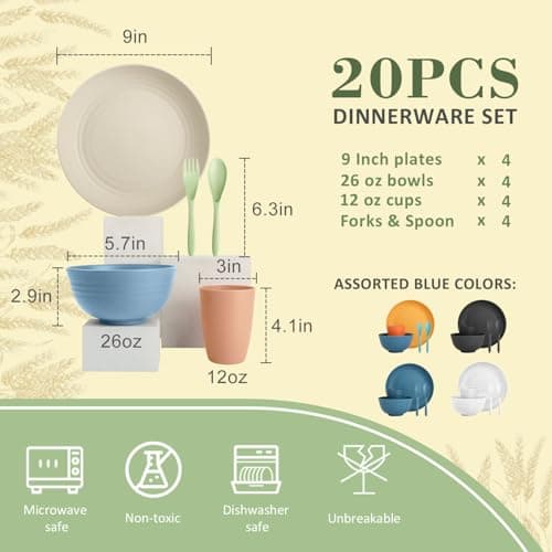 Wrova Wheat Straw Kids Plates and Bowls Sets,Unbreakable Kids Dinnerware sets with Flatwares,Lightweight Reusable Camping Plates and Bowls Sets.Nordic Series - Thumbnail 2