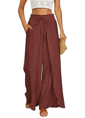 GRACE KARIN Womens 2026 Summer Wide Leg Palazzo Pants High Waisted Flowy Pockets Trendy Casual Lounge Boho Beach Trousers Orange Red L - Image 1