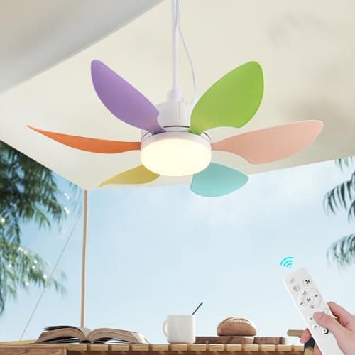 AHAWILL 18.5" Gazebo Fan,Outdoor Plug in Ceiling Fans with Lights,3 Color Dimmable 3 Fan Speeds,Portable Hanging Ceiling Fan for Patios,Tent,Indoor.Colorful Blades