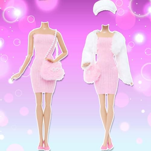 BJMOWIN 1 Set Doll Clothes and Accessories Including White Coat Hat Pink Sweater Dress Bag and Shoes for 11.5 inch Dolls, Ideal Christmas Day Gift (No Doll) - Thumbnail 2