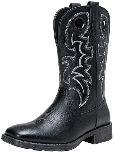 Jousen Cowboy Boots for Men, Retro Square Toe Western Boots with Embroidery, Durable Slip-Resistant Pull-On Boot with Holes (AMY8424-black-08) - Image 1