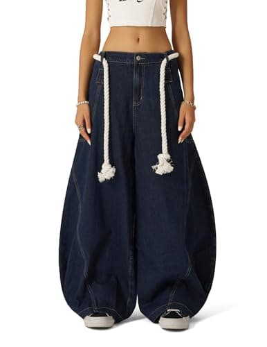 Aelfric Eden Super Baggy Barrel Jeans Wide Leg Jeans Unisex Casual Drawstring Elastic Waist Denim Pants Trouser Blue - Thumbnail 2