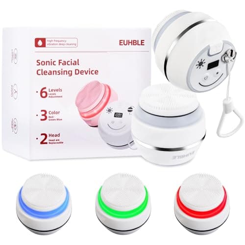 Electric Facial Cleaner with 6 Modes & 3 Light Effects, Rechargeable Waterproof Face Scrubber for Women and Men, Includes Extra Brush Head, Easy-Clean Hanging Design (White) - Image 1