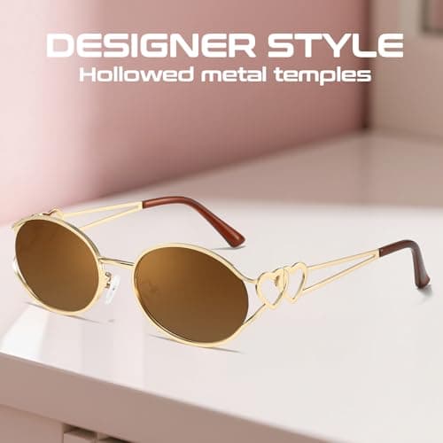SODQW Retro Oval Sunglasses for Women Trendy Metal Frame Round Designer Sun Glasses with Heart Accents UV Protection - Thumbnail 6